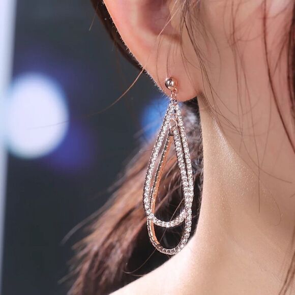 💎A118💎 STUNNING SILVER PLATED INLAID DIAMOND LONG DROP SHAPED EARRINGS - Picture 2 of 7
